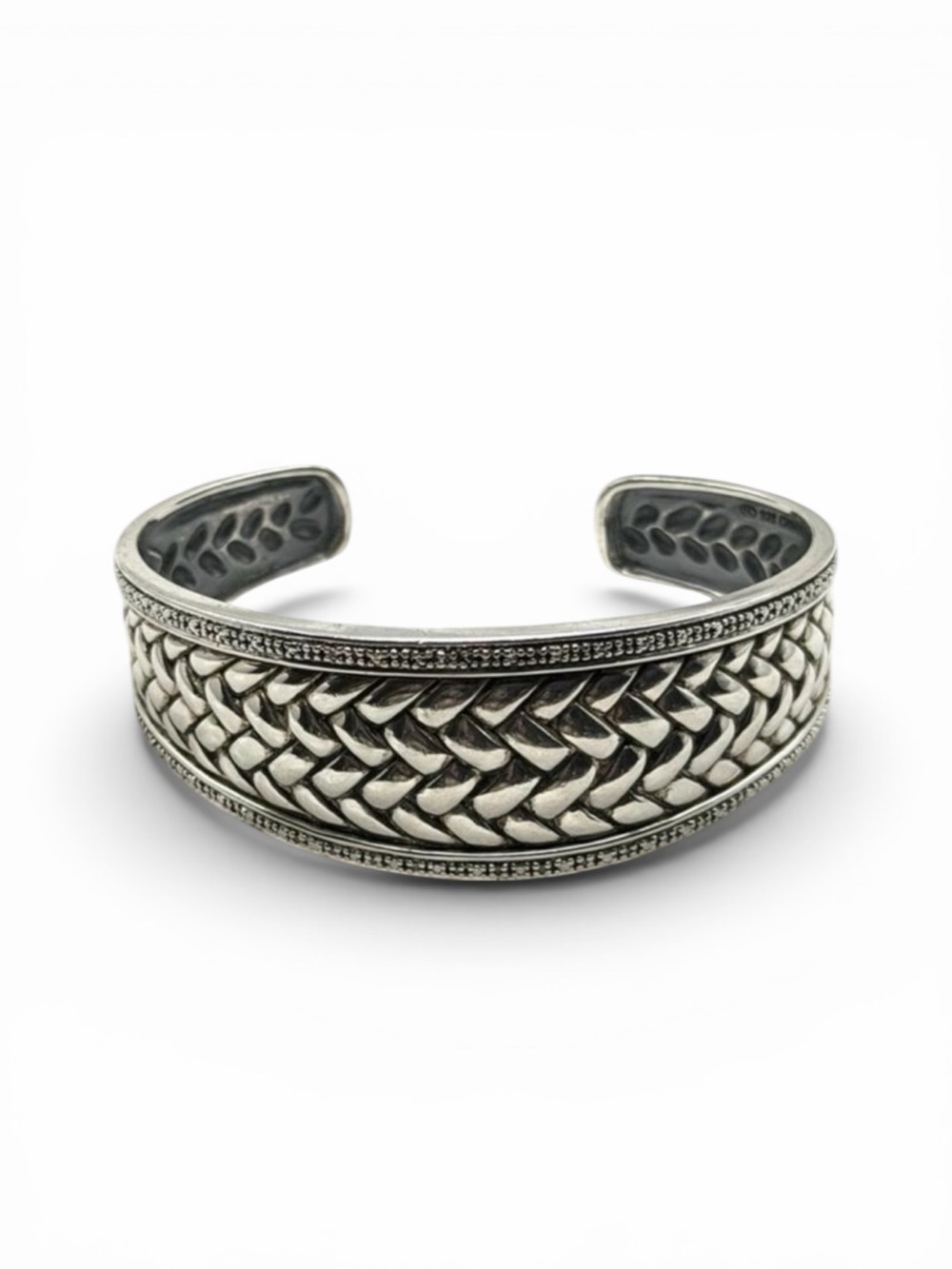 Vintage Signed DL 925 Sterling Silver Basket Weave Cuff Bracelet – 37g, 7.5”